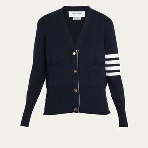 Thom Browne Navy Cardigan with White Sleeve Stripes and Gold Buttons